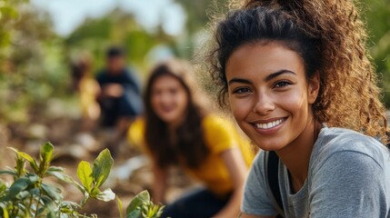 A diverse group of volunteers cleaning up a local park, their genuine smiles reflecting the impact of their efforts.