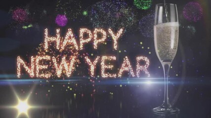 Poster - Happy New Year text animation with fireworks and champagne glass