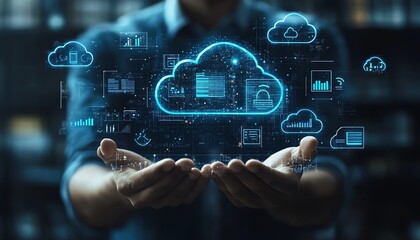Fototapete - Dynamic stock image featuring a businessman with cloud computing graphics, highlighting various technology icons symbolizing transformation and progress