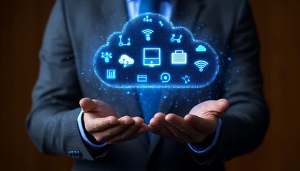 Fototapete - Dynamic stock image featuring a businessman with cloud computing graphics, highlighting various technology icons symbolizing transformation and progress