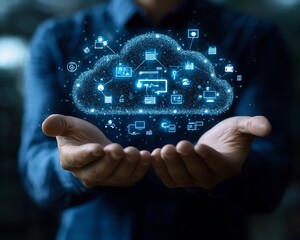 Fototapete - Stock image of a businessman holding cloud computing infographics, surrounded by technology icons, representing innovation and digital transformation
