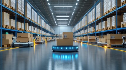 Poster - robotic logistics in modern warehouse environment. advanced robotic systems streamline logistics in 