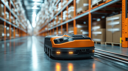 Poster - robotic agv in modern warehouse for efficient logistics. robotic agv operates in a modern warehouse,