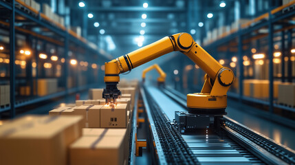 Poster - robotic arm in industrial logistics environment. robotic arm operates in modern warehouse, automatio