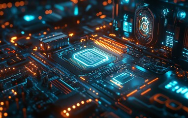Poster - Visual representation of innovation in cyber technology, including circuit boards, data flow graphics, and modern tech interfaces in a stock image
