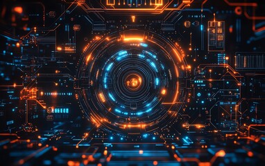 Poster - Visual representation of innovation in cyber technology, including circuit boards, data flow graphics, and modern tech interfaces in a stock image