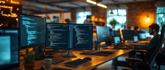 Aufkleber - A modern workspace in a software company, illustrating website development processes and coding technologies with developers collaborating on projects