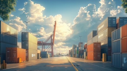 Wall Mural - Modern Port with Shipping Containers at Sunrise. View of a modern shipping port at sunrise, showcasing stacks of colorful containers and a cargo crane, symbolizing global trade and logistics.