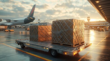 Global Business Logistics at Airport Transportation Hub. Logistics at an airport with pallets of cargo ready for transportation, highlighting global business operations and efficiency in shipping.