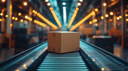 Poster - box on conveyor in modern warehouse setting. single box on a conveyor belt in a warehouse, showcasin