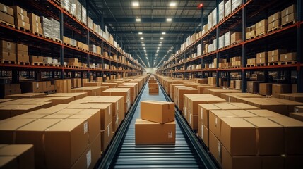 Poster - Warehouse Logistics and Global Business Overview. Warehouse logistics in global commerce. This image showcases an organized space filled with boxes, highlighting efficiency in business operations.