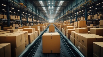 Poster - Logistics Warehouse with Boxes in Global Trade Scenario. Logistics warehouse filled with stacked boxes, showcasing the essential role of logistics and commerce in global trade & supply chain.
