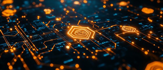 Poster - Dynamic abstract background with a focus on financial technology symbols, representing the evolution of fintech in a visually striking manner