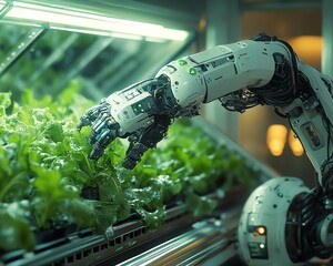 Poster - Dynamic image of a robotic arm harvesting hydroponic lettuce in a hightech greenhouse, illustrating the future of smart farming technology
