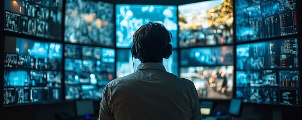 Aufkleber - Dynamic image of an IT Technical Support Specialist in a control room, making an intercom announcement and monitoring server data on multiple digital screens