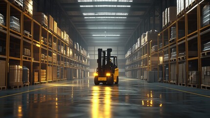 Poster - forklift operations in modern warehouse environment. modern warehouse showcasing a forklift in actio