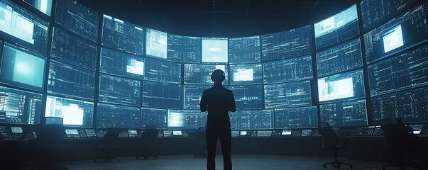Aufkleber - Hightech monitoring control room scene featuring an IT Technical Support Specialist making intercom announcements and analyzing server data on massive digital screens