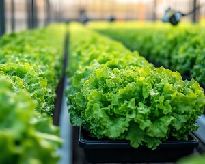 Aufkleber - Hydroponic lettuce harvesting using a robotic arm in a greenhouse, showcasing smart farming technology and efficient agricultural practices