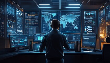 Aufkleber - Illustration of a professional IT Technical Support Specialist making announcements over an intercom while monitoring server data on large digital screens in a control room