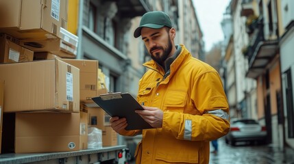 Logistics worker reviews orders on a clipboard in an urban environment, surrounded by packages. This image represents the efficiency and professionalism in the delivery industry.