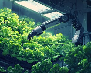 Aufkleber - Illustration of automated hydroponic lettuce harvesting with a robotic arm in a smart farming greenhouse, emphasizing advanced agricultural techniques