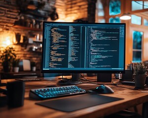 Poster - Image of a software company focused on website development, showcasing coding technologies, developer tools, and interactive workspaces