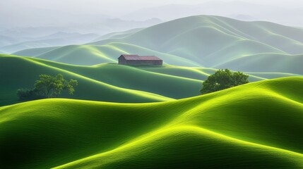 Sticker - Enjoy a serene dawn over gentle hills adorned with green crops and rustic barns, epitomizing rural tranquility.