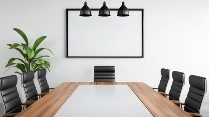 Wall Mural - Modern conference room featuring a large blank poster, sleek wooden and glass decor for productive corporate meetings.