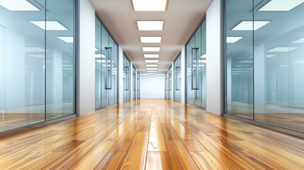 Poster - A sleek glass office hallway, featuring modern design elements and mirrored reflections on a polished wooden floor.