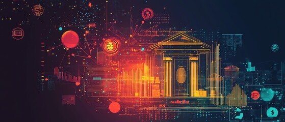 Aufkleber - Vibrant abstract backdrop with financial technology icons, representing innovation in fintech and digital banking solutions