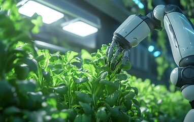 Aufkleber - Visual representation of a greenhouse equipped with smart farming technology, featuring a robotic arm dedicated to harvesting hydroponic lettuce