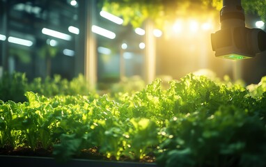 Aufkleber - Visual representation of a greenhouse equipped with smart farming technology, featuring a robotic arm dedicated to harvesting hydroponic lettuce