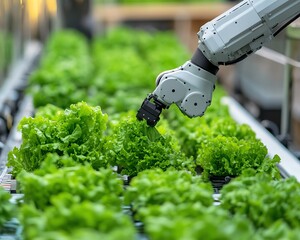 Poster - A greenhouse filled with hydroponic systems, featuring a robotic arm actively harvesting fresh lettuce, highlighting innovations in agricultural technology