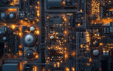 Poster - Bird seye view of a cuttingedge industrial sector, with interconnected communication network visuals showcasing modern connectivity in industrial operations