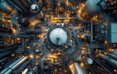 Poster - Bird seye view of a cuttingedge industrial sector, with interconnected communication network visuals showcasing modern connectivity in industrial operations