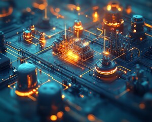 Poster - Industrial area from an aerial perspective, with futuristic communication network graphics highlighting seamless connectivity in contemporary production systems