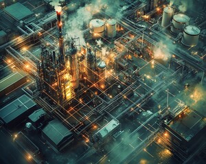 Poster - Industrial area from an aerial perspective, with futuristic communication network graphics highlighting seamless connectivity in contemporary production systems