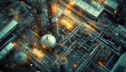 Poster - Sophisticated industrial area from above with digital graphics of a communication network, illustrating the integration of hightech connectivity in modern industries