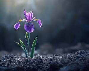 A vibrant purple iris flower blooms, surrounded by dark soil, illuminated by soft light, symbolizing beauty and resilience.