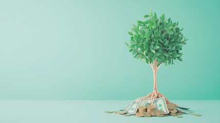 Money Tree: A vibrant green tree flourishes, its roots firmly planted in a bed of dollar bills, symbolizing the growth and prosperity of wealth.