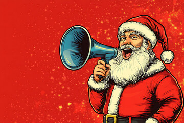 Santa Claus holding a megaphone against a festive red background.