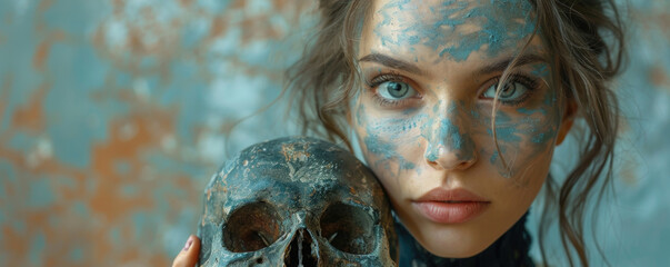 captivating portrait of woman with intricate face paint, holding skull, evoking sense of mystery and intrigue. blue and earthy tones create haunting atmosphere