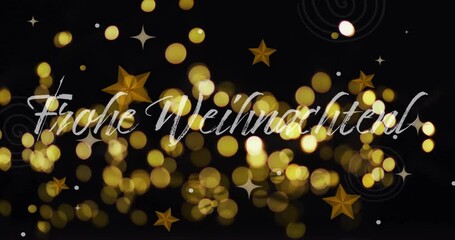 Poster - Frohe Weihnachten! text animation over golden bokeh lights and stars