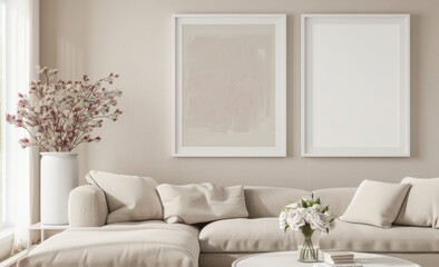 A minimalist living room with a beige sectional sofa, two framed pictures, and a vase of flowers on a coffee table