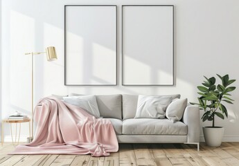 Modern living room interior with a gray sofa, two blank frames, a pink blanket and a plant in a white pot