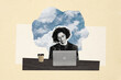 © deagreez - Composite photo collage of happy american girl freelancer type laptop office occupation coffee drink isolated on painted background
