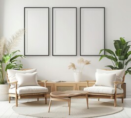 Minimalist living room interior with two armchairs and a coffee table, decorated with green plants and three empty vertical frame mockups for art and design