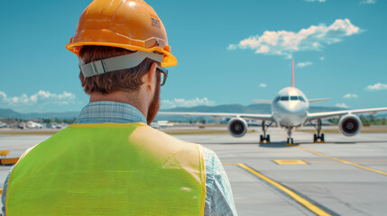 man wearing hard hat and safety vest observes airplane on runway, showcasing aviation industry. His focused expression reflects dedication to safety and engineering