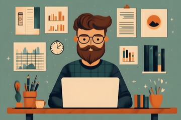 Poster - Flat style character working solo on a digital project in front of a laptop with analytics and