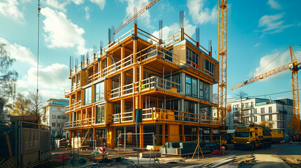 A wooden building module is raised by a crane and placed into the framework. Berlin office building under construction. Modular wood construction will be used to build the new building